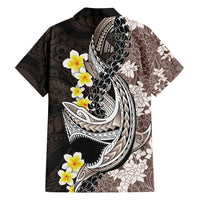 Brown and Black Hawaii Shark Tattoo Hawaiian Shirt Puakenikeni Lei Plumeria Polynesian Pattern - Polynesian Pride