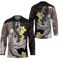 Brown and Black Hawaii Shark Tattoo Hockey Jersey Puakenikeni Lei Plumeria Polynesian Pattern - Polynesian Pride