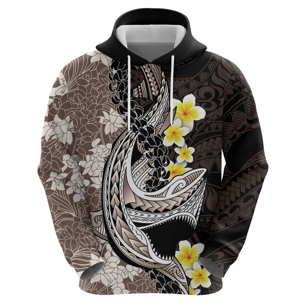 Brown and Black Hawaii Shark Tattoo Hoodie Puakenikeni Lei Plumeria Polynesian Pattern - Polynesian Pride