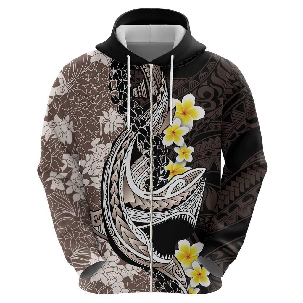 Brown and Black Hawaii Shark Tattoo Hoodie Puakenikeni Lei Plumeria Polynesian Pattern - Polynesian Pride