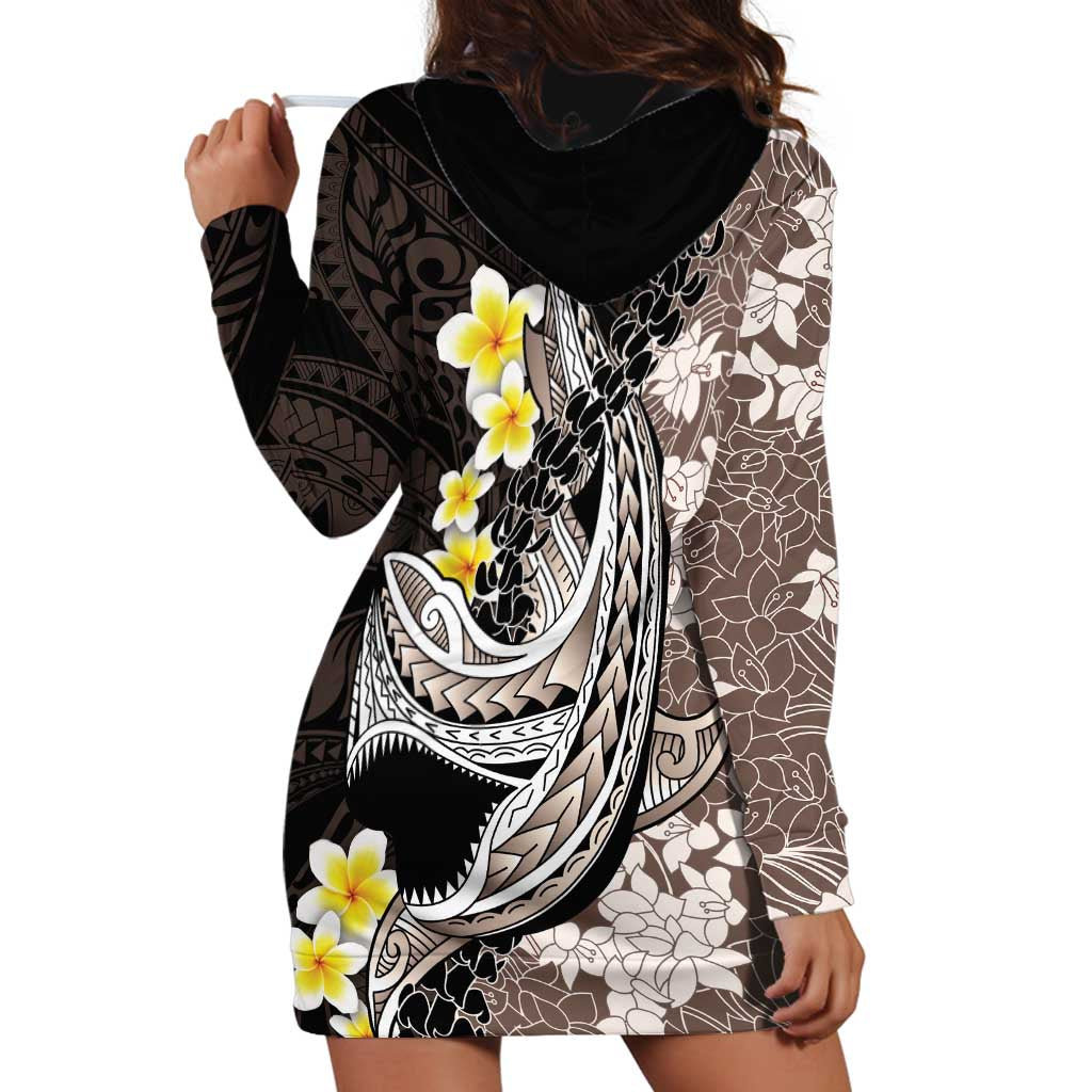 Brown and Black Hawaii Shark Tattoo Hoodie Dress Puakenikeni Lei Plumeria Polynesian Pattern - Polynesian Pride