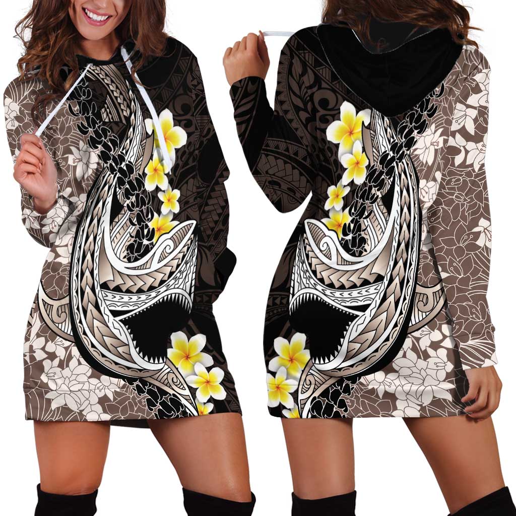 Brown and Black Hawaii Shark Tattoo Hoodie Dress Puakenikeni Lei Plumeria Polynesian Pattern - Polynesian Pride