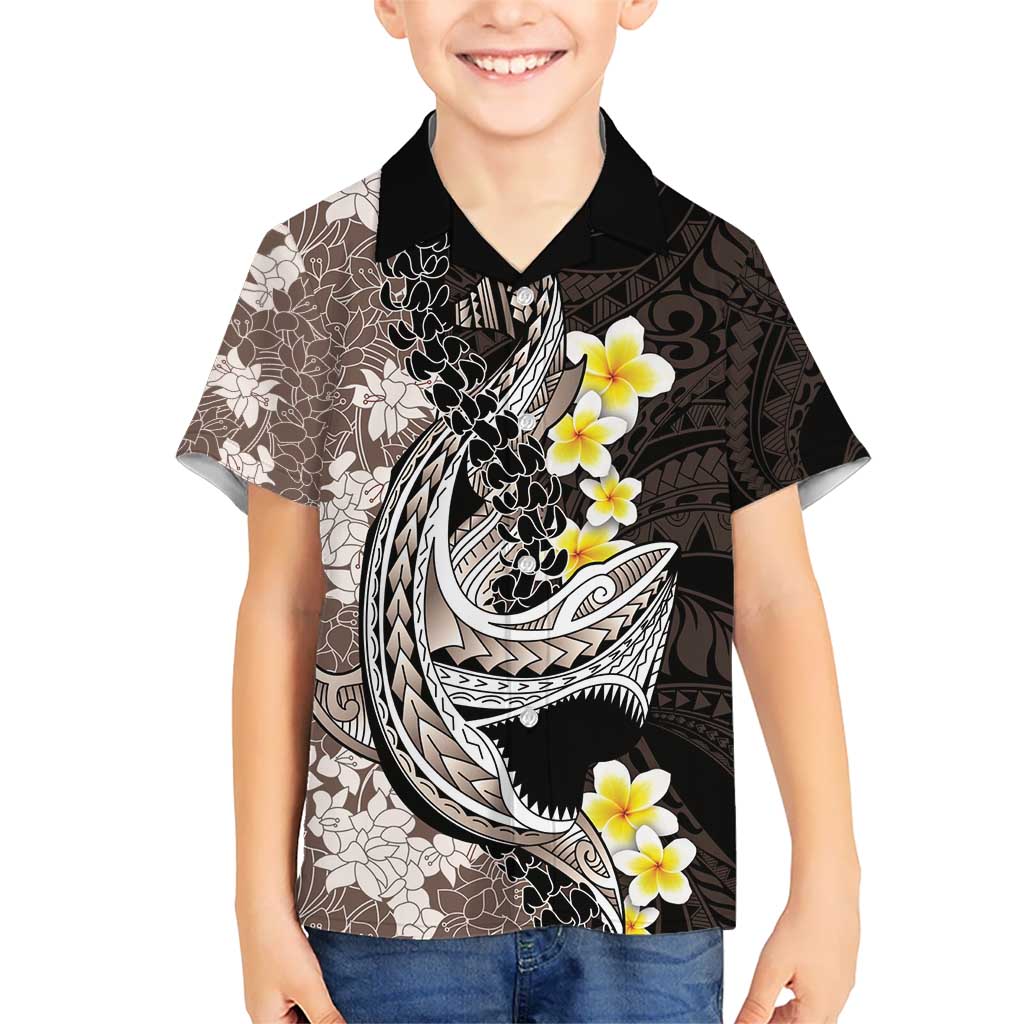 Brown and Black Hawaii Shark Tattoo Kid Hawaiian Shirt Puakenikeni Lei Plumeria Polynesian Pattern - Polynesian Pride