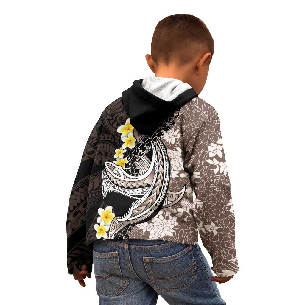 Brown and Black Hawaii Shark Tattoo Kid Hoodie Puakenikeni Lei Plumeria Polynesian Pattern - Polynesian Pride