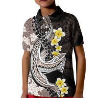 Brown and Black Hawaii Shark Tattoo Kid Polo Shirt Puakenikeni Lei Plumeria Polynesian Pattern - Polynesian Pride