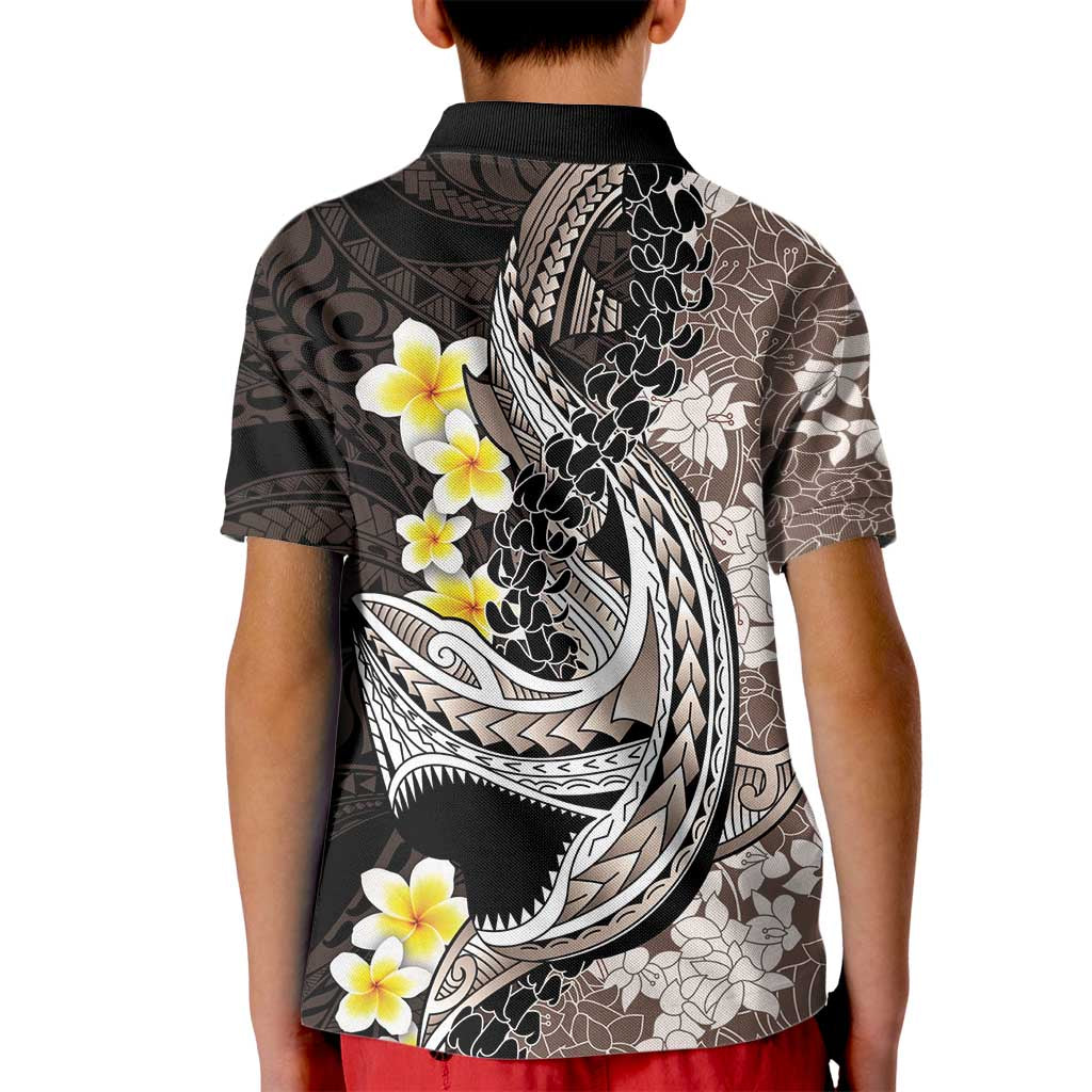 Brown and Black Hawaii Shark Tattoo Kid Polo Shirt Puakenikeni Lei Plumeria Polynesian Pattern - Polynesian Pride