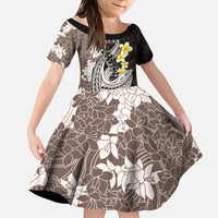 Brown and Black Hawaii Shark Tattoo Kid Short Sleeve Dress Puakenikeni Lei Plumeria Polynesian Pattern - Polynesian Pride
