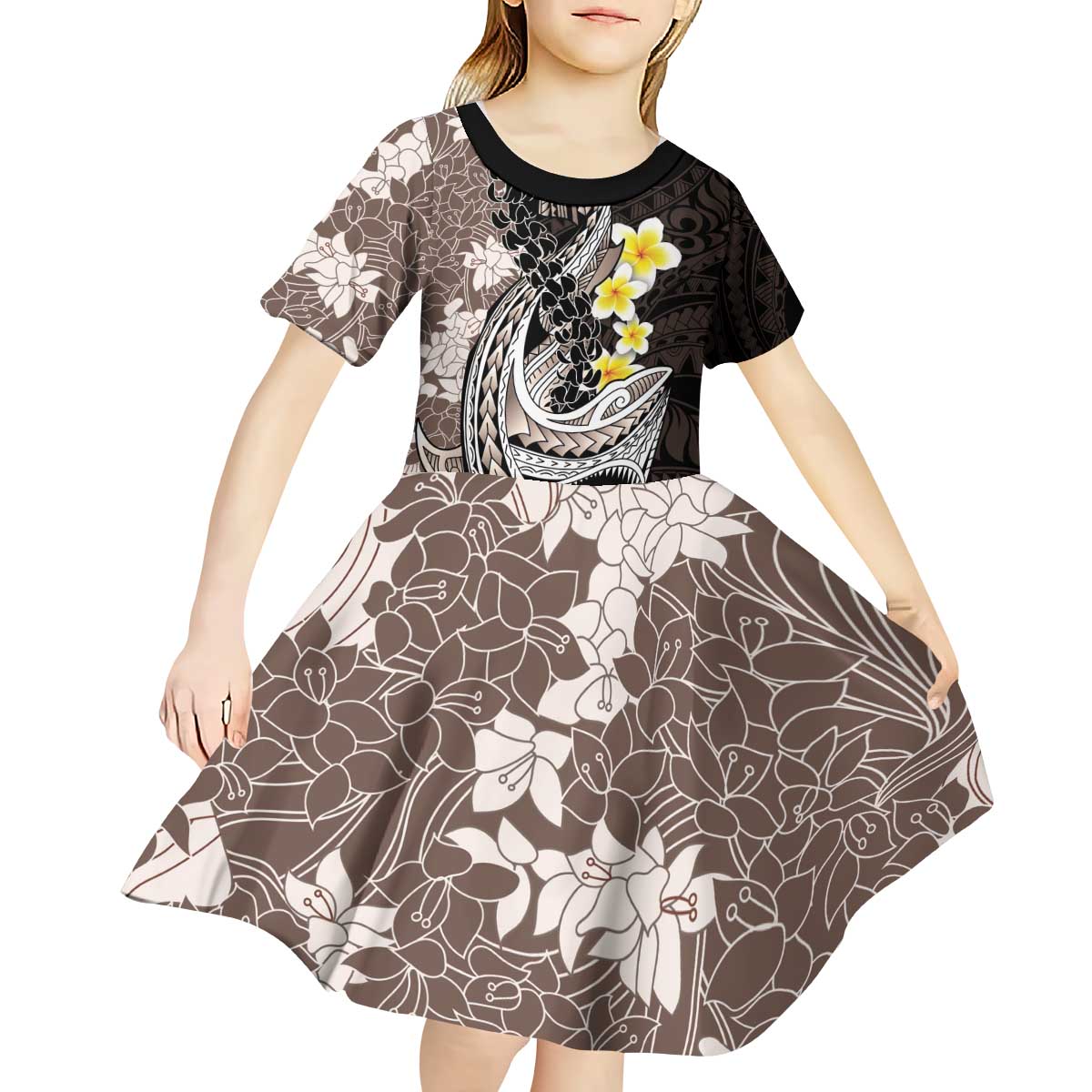 Brown and Black Hawaii Shark Tattoo Kid Short Sleeve Dress Puakenikeni Lei Plumeria Polynesian Pattern - Polynesian Pride