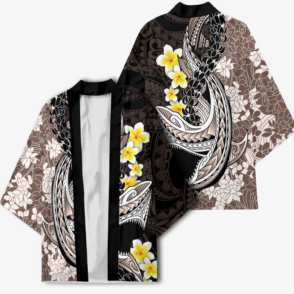 Brown and Black Hawaii Shark Tattoo Kimono Puakenikeni Lei Plumeria Polynesian Pattern - Polynesian Pride