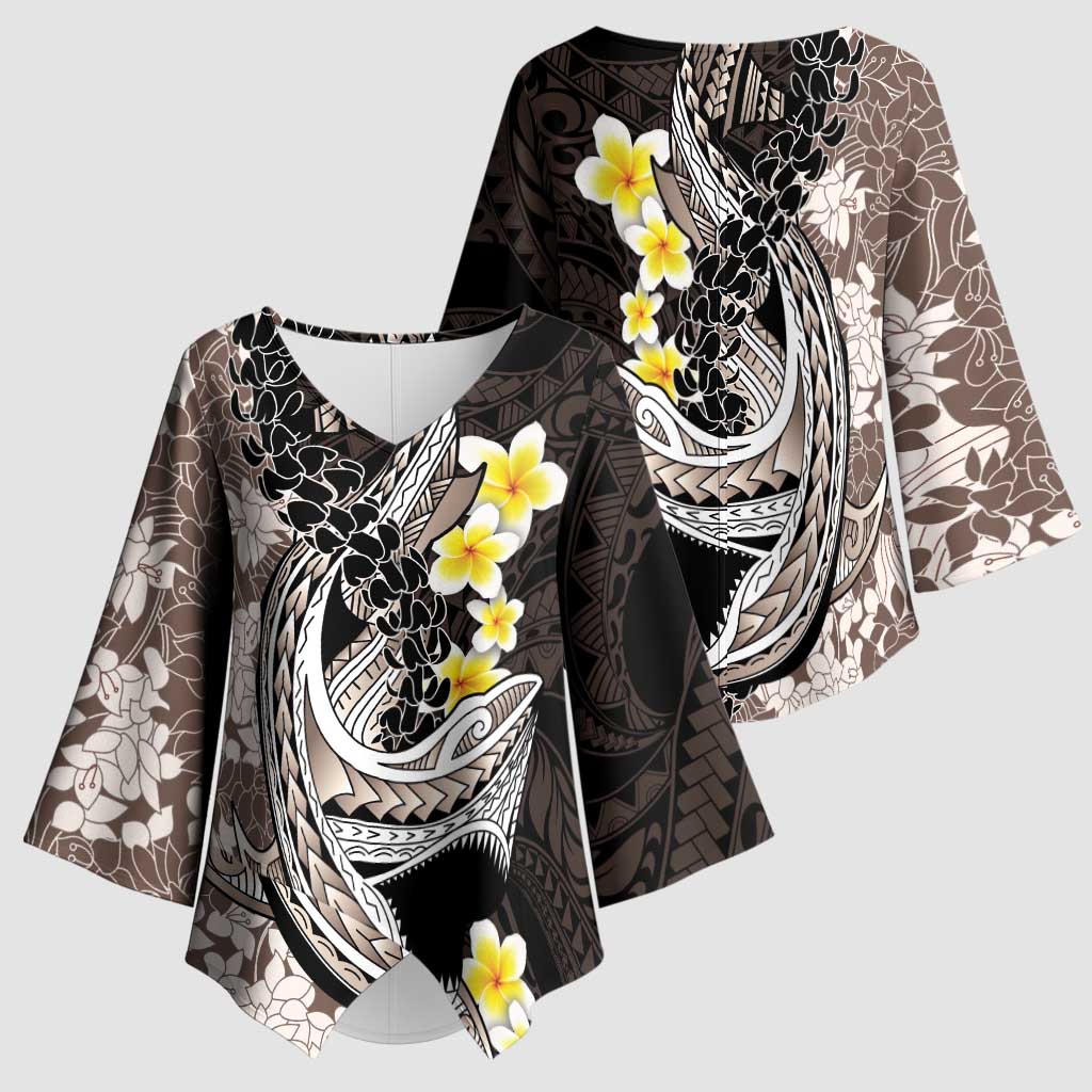 Brown and Black Hawaii Shark Tattoo Kimono Sleeve Blouse Puakenikeni Lei Plumeria Polynesian Pattern - Polynesian Pride