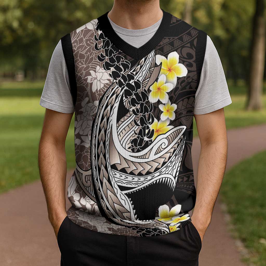 Brown and Black Hawaii Shark Tattoo Christmas Knitted V-Neck Vest Puakenikeni Lei Plumeria Polynesian Pattern - Polynesian Pride