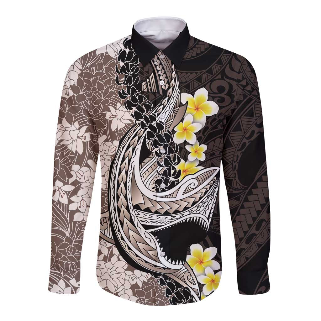 Brown and Black Hawaii Shark Tattoo Long Sleeve Button Shirt Puakenikeni Lei Plumeria Polynesian Pattern - Polynesian Pride