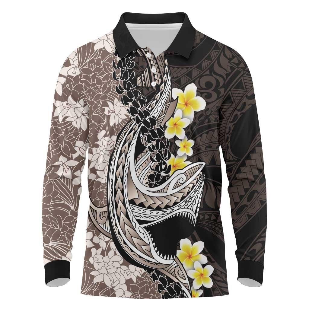Brown and Black Hawaii Shark Tattoo Long Sleeve Polo Shirt Puakenikeni Lei Plumeria Polynesian Pattern - Polynesian Pride