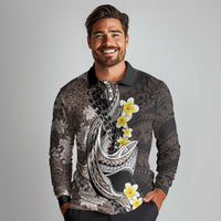 Brown and Black Hawaii Shark Tattoo Long Sleeve Polo Shirt Puakenikeni Lei Plumeria Polynesian Pattern - Polynesian Pride