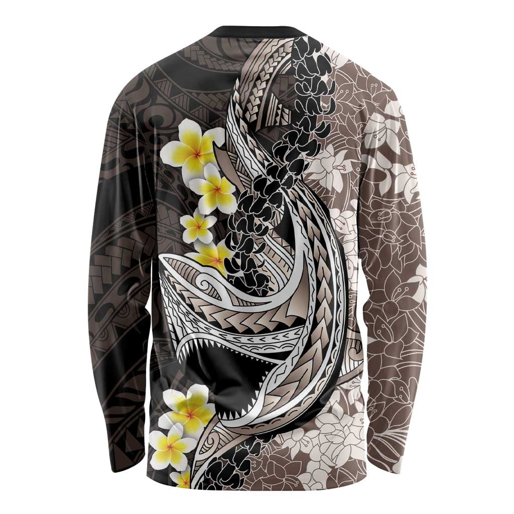 Brown and Black Hawaii Shark Tattoo Long Sleeve Shirt Puakenikeni Lei Plumeria Polynesian Pattern - Polynesian Pride