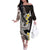 Brown and Black Hawaii Shark Tattoo Off The Shoulder Long Sleeve Dress Puakenikeni Lei Plumeria Polynesian Pattern - Polynesian Pride