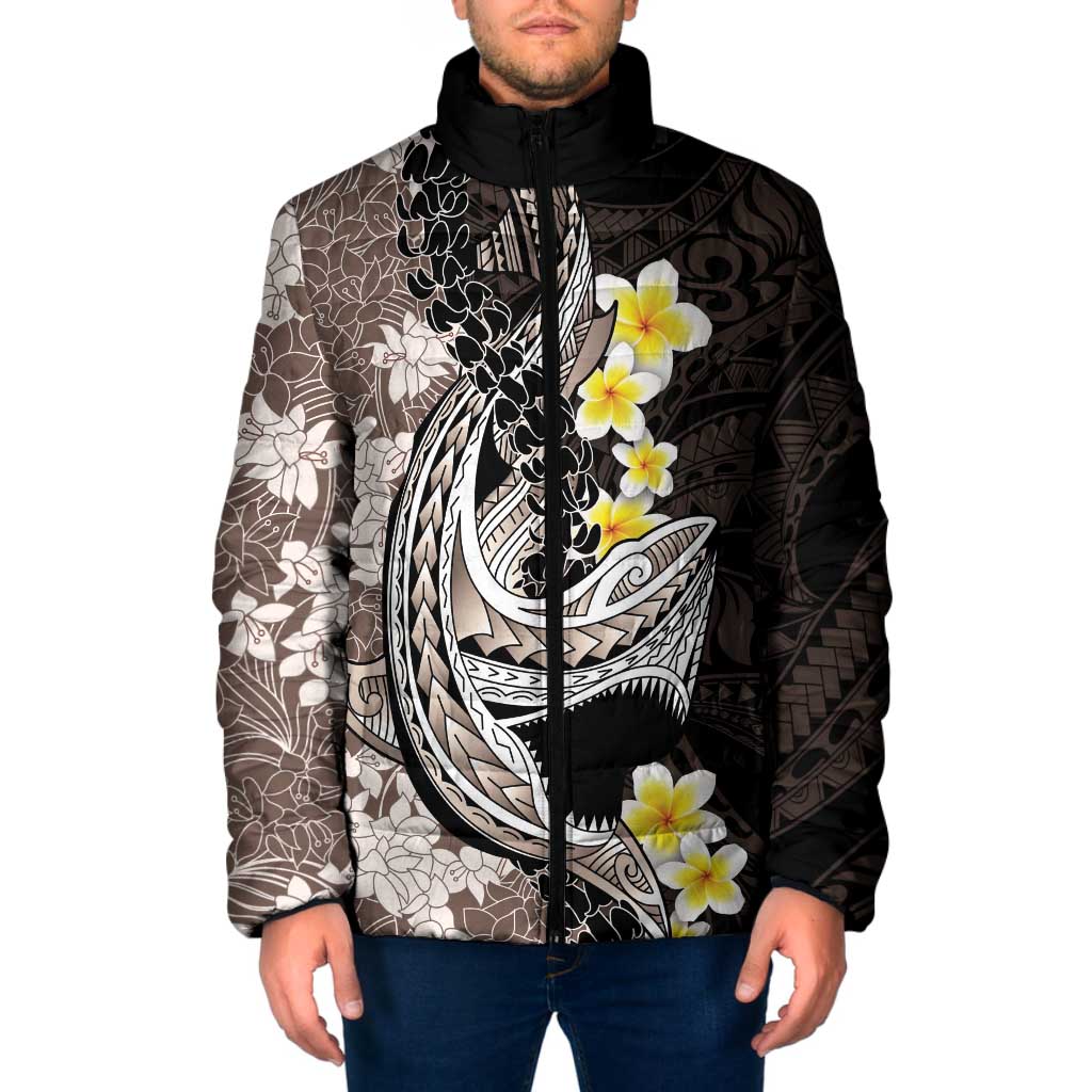 Brown and Black Hawaii Shark Tattoo Padded Jacket Puakenikeni Lei Plumeria Polynesian Pattern - Polynesian Pride