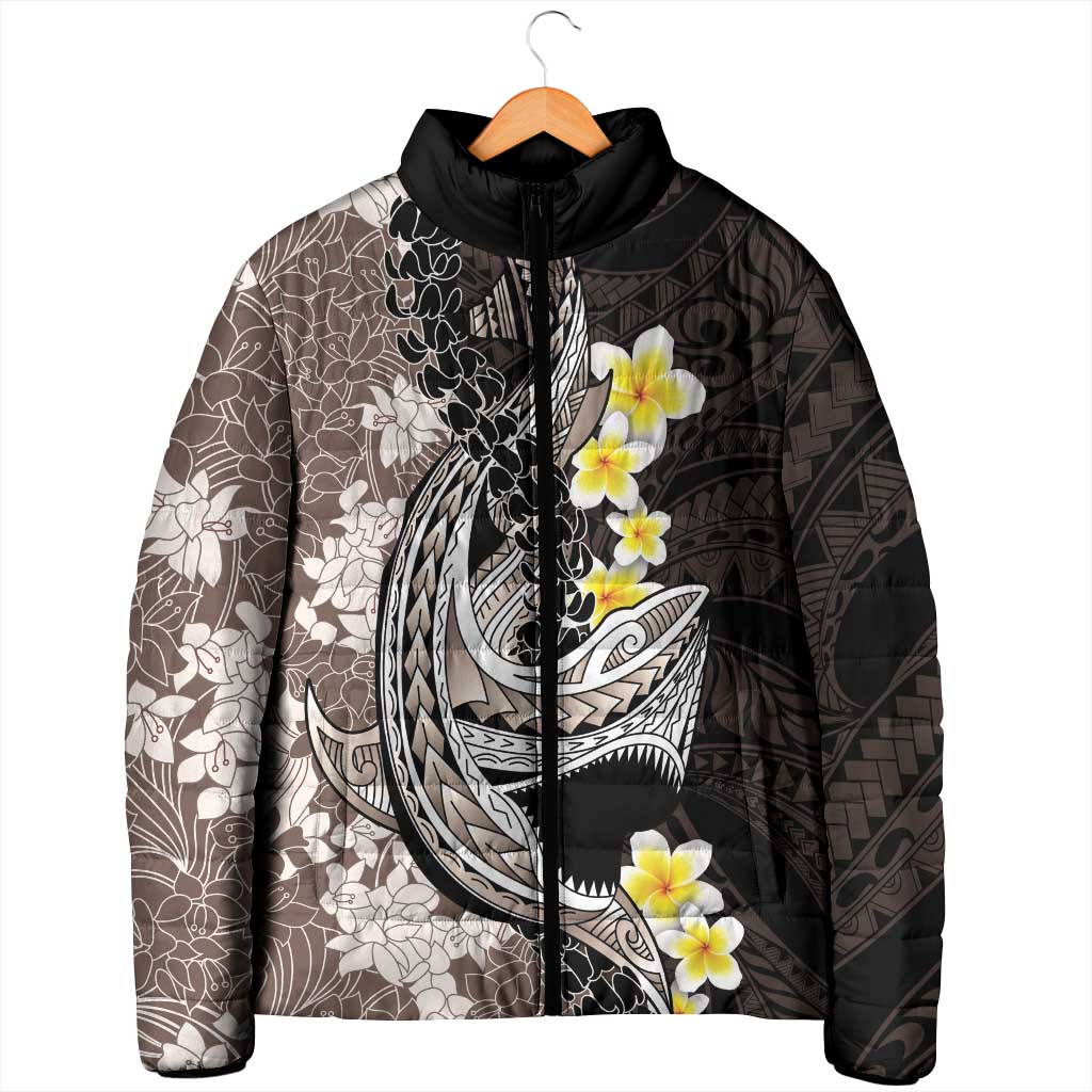 Brown and Black Hawaii Shark Tattoo Padded Jacket Puakenikeni Lei Plumeria Polynesian Pattern - Polynesian Pride