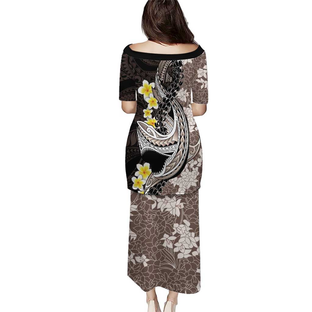 Brown and Black Hawaii Shark Tattoo Puletasi Puakenikeni Lei Plumeria Polynesian Pattern - Polynesian Pride