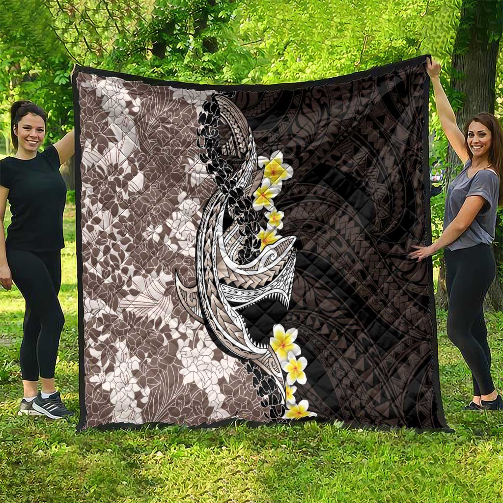 Brown and Black Hawaii Shark Tattoo Quilt Puakenikeni Lei Plumeria Polynesian Pattern - Polynesian Pride