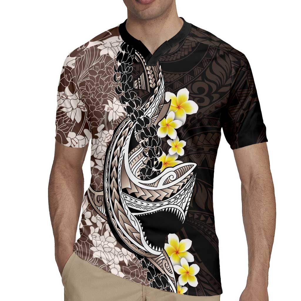 Brown and Black Hawaii Shark Tattoo Rugby Jersey Puakenikeni Lei Plumeria Polynesian Pattern - Polynesian Pride
