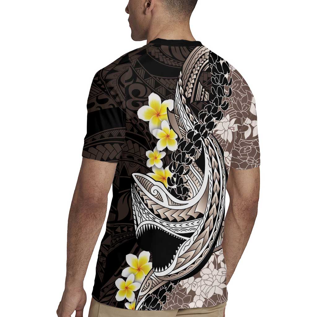 Brown and Black Hawaii Shark Tattoo Rugby Jersey Puakenikeni Lei Plumeria Polynesian Pattern - Polynesian Pride