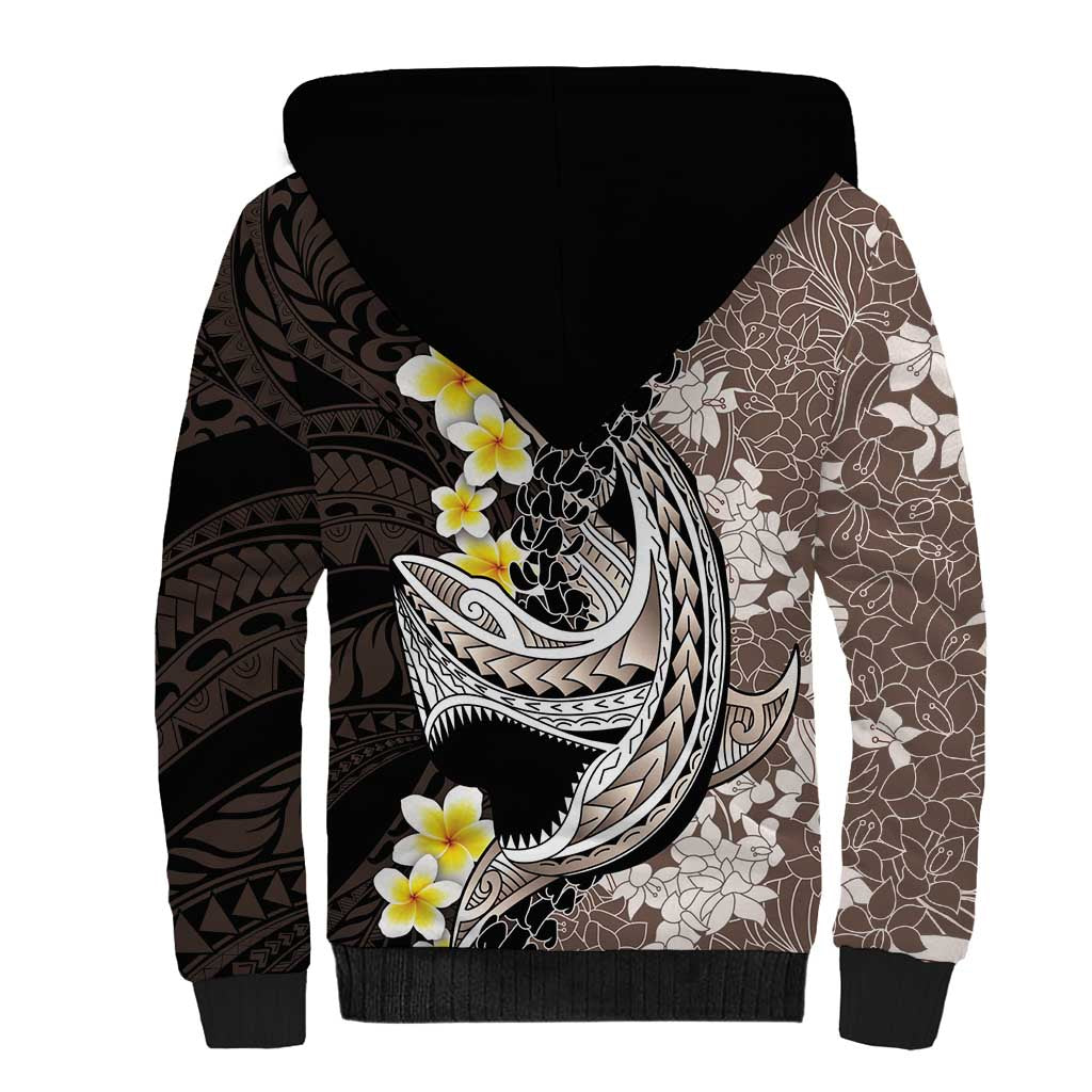 Brown and Black Hawaii Shark Tattoo Sherpa Hoodie Puakenikeni Lei Plumeria Polynesian Pattern - Polynesian Pride