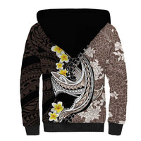 Brown and Black Hawaii Shark Tattoo Sherpa Hoodie Puakenikeni Lei Plumeria Polynesian Pattern - Polynesian Pride