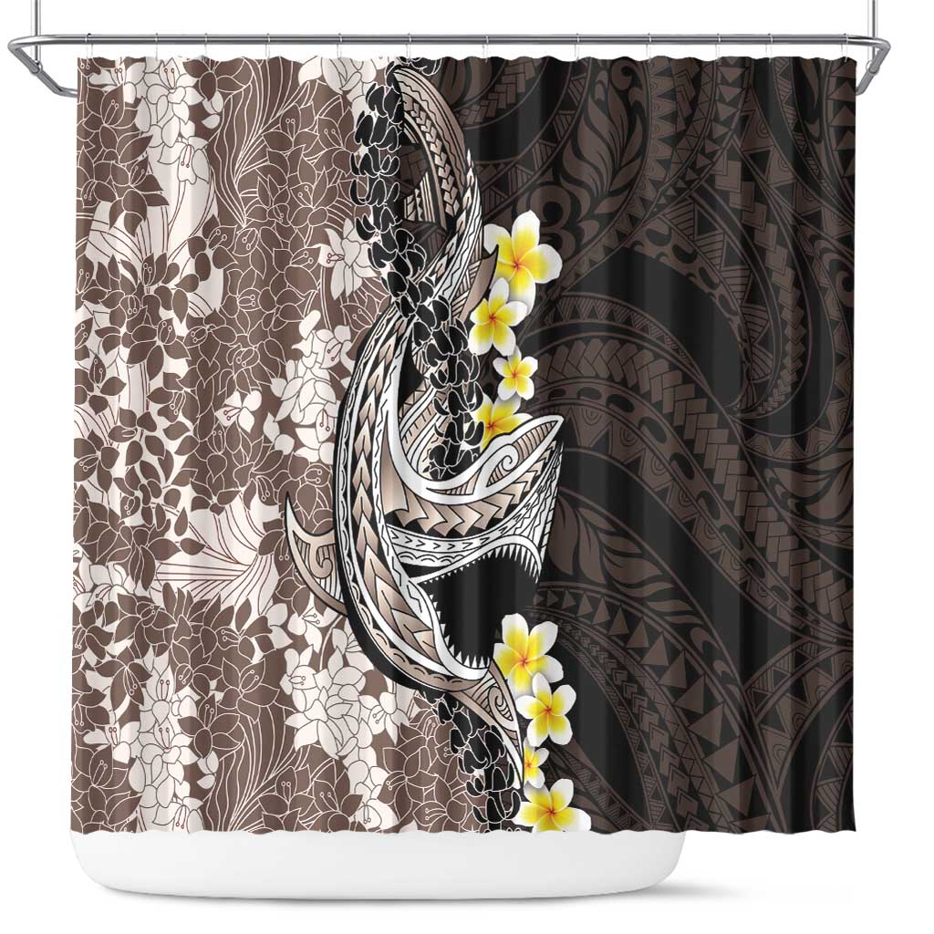 Brown and Black Hawaii Shark Tattoo Shower Curtain Puakenikeni Lei Plumeria Polynesian Pattern - Polynesian Pride