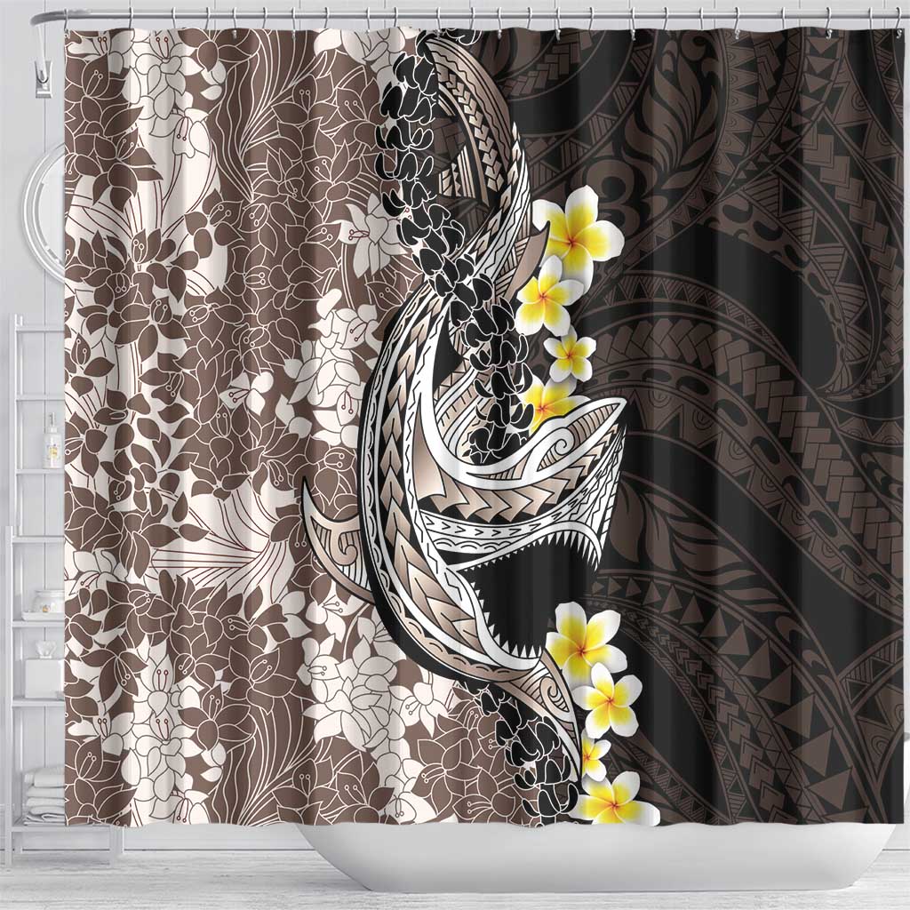 Brown and Black Hawaii Shark Tattoo Shower Curtain Puakenikeni Lei Plumeria Polynesian Pattern - Polynesian Pride