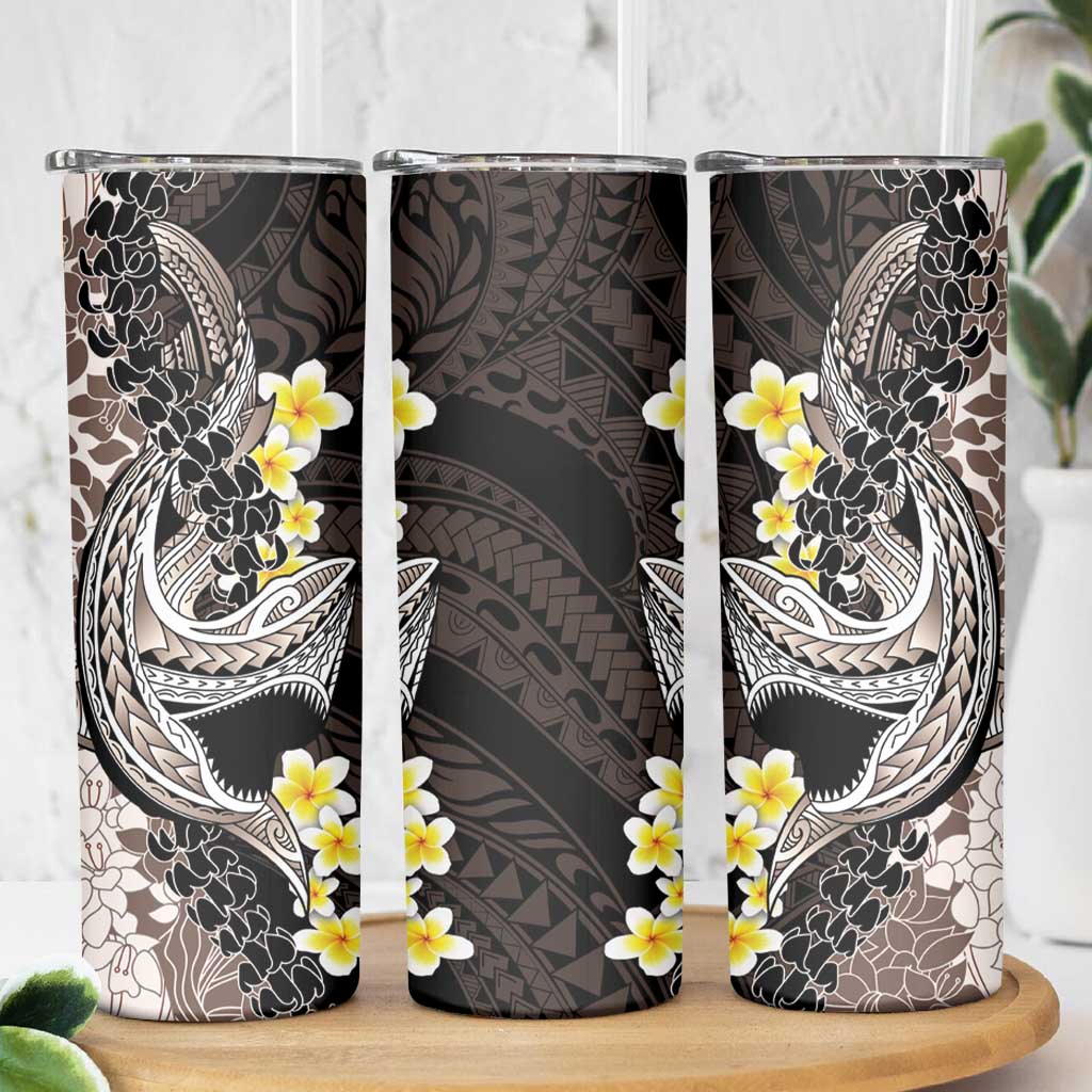 Brown and Black Hawaii Shark Tattoo Skinny Tumbler Puakenikeni Lei Plumeria Polynesian Pattern - Polynesian Pride