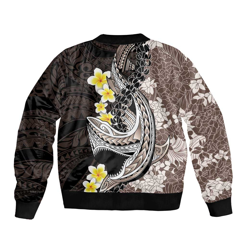 Brown and Black Hawaii Shark Tattoo Sleeve Zip Bomber Jacket Puakenikeni Lei Plumeria Polynesian Pattern - Polynesian Pride