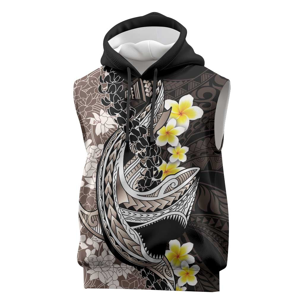 Brown and Black Hawaii Shark Tattoo Sleeveless Hoodie Puakenikeni Lei Plumeria Polynesian Pattern - Polynesian Pride