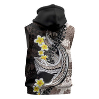 Brown and Black Hawaii Shark Tattoo Sleeveless Hoodie Puakenikeni Lei Plumeria Polynesian Pattern - Polynesian Pride