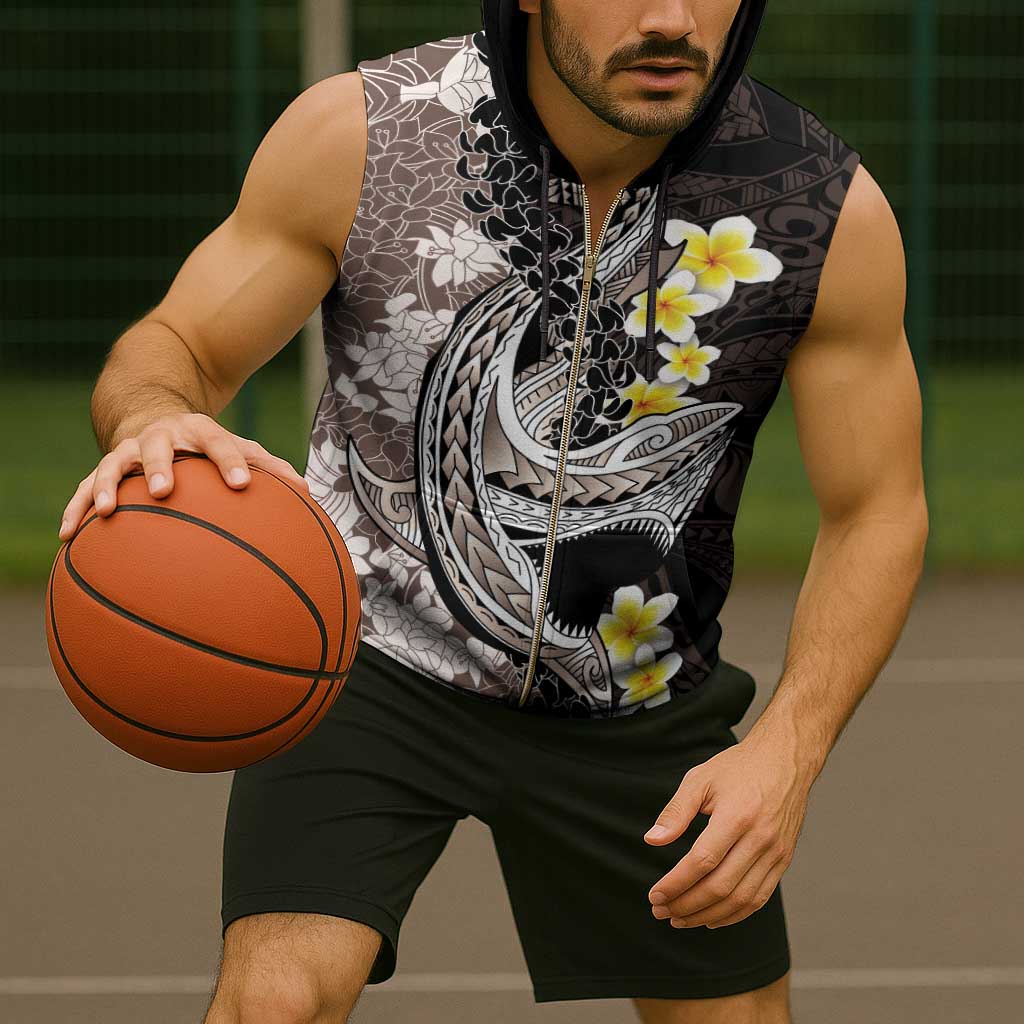 Brown and Black Hawaii Shark Tattoo Sleeveless Zip Hoodie Puakenikeni Lei Plumeria Polynesian Pattern - Polynesian Pride