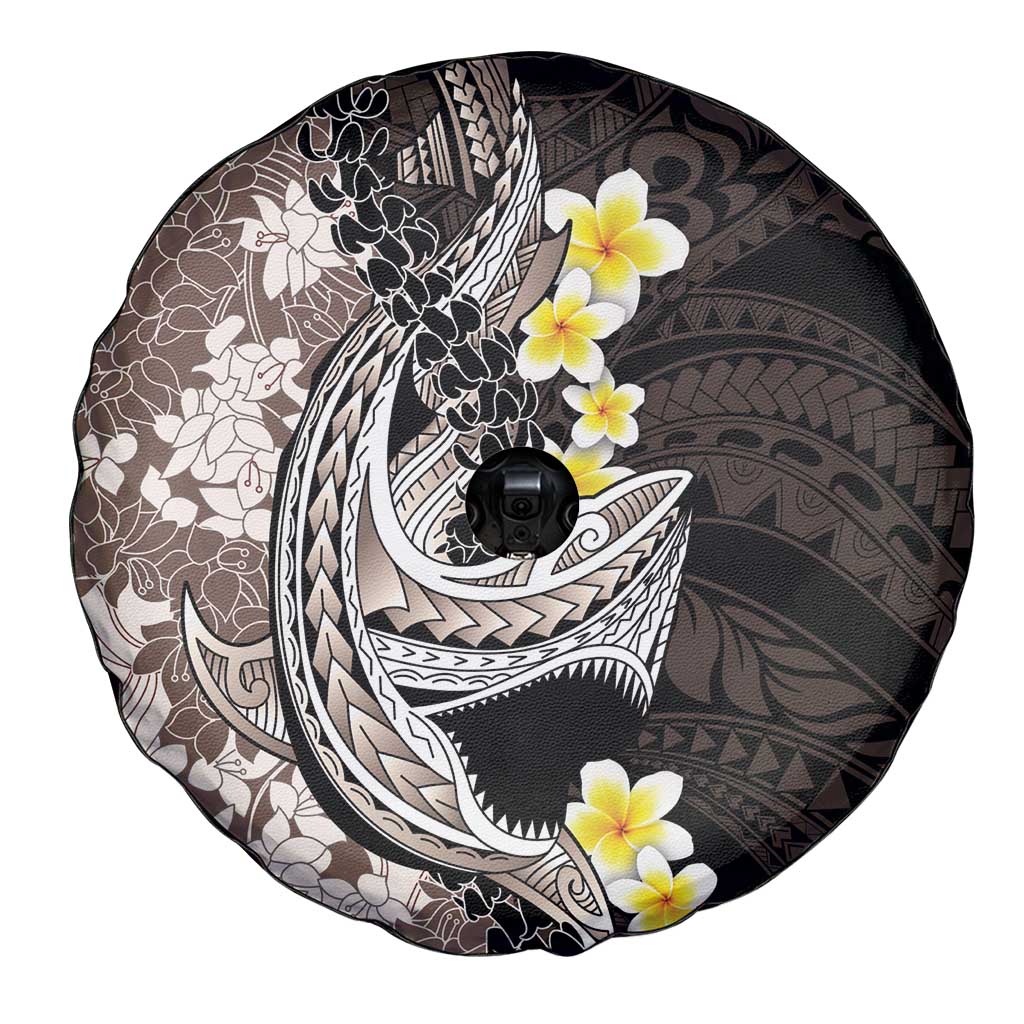 Brown and Black Hawaii Shark Tattoo Spare Tire Cover Puakenikeni Lei Plumeria Polynesian Pattern - Polynesian Pride
