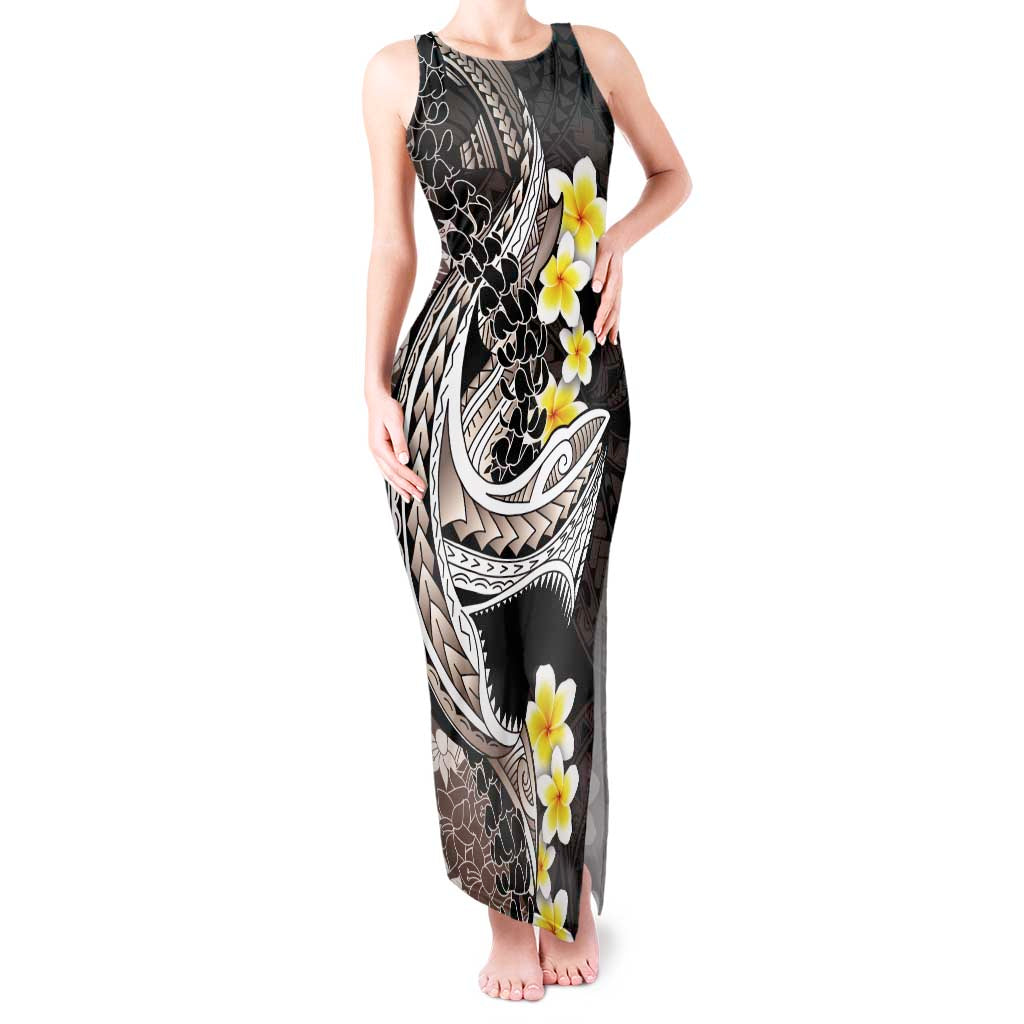 Brown and Black Hawaii Shark Tattoo Tank Maxi Dress Puakenikeni Lei Plumeria Polynesian Pattern - Polynesian Pride