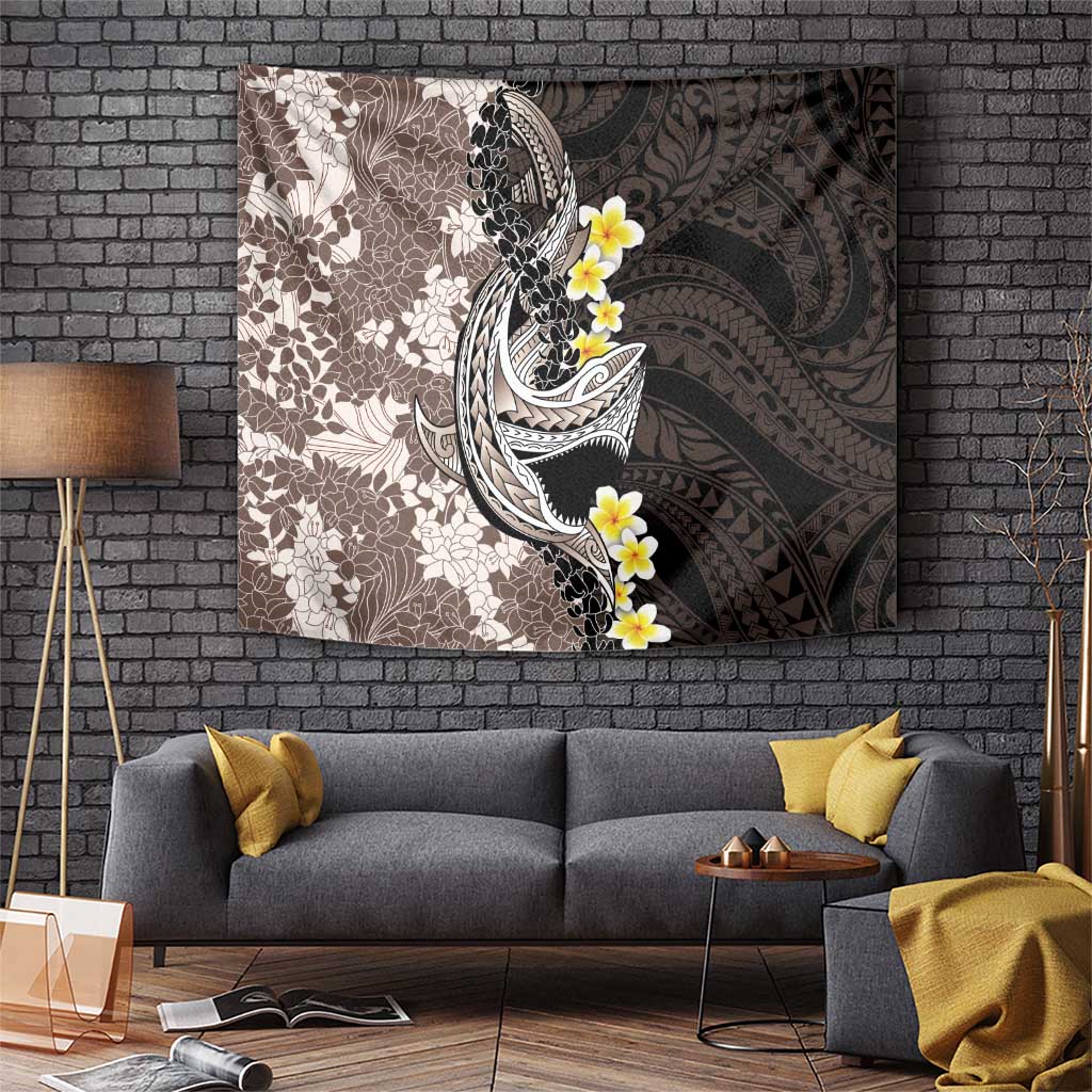 Brown and Black Hawaii Shark Tattoo Tapestry Puakenikeni Lei Plumeria Polynesian Pattern - Polynesian Pride