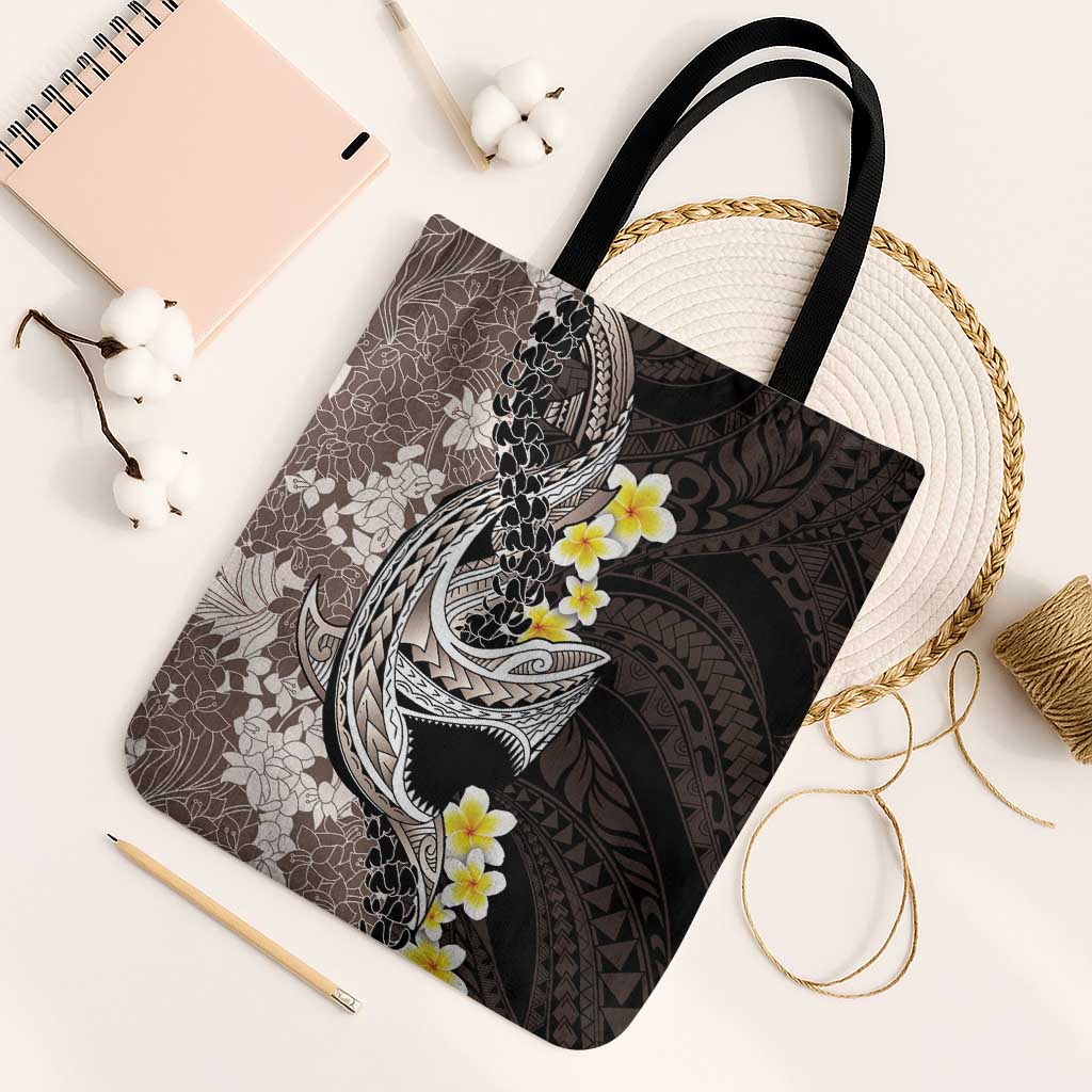 Brown and Black Hawaii Shark Tattoo Tote Bag Puakenikeni Lei Plumeria Polynesian Pattern - Polynesian Pride