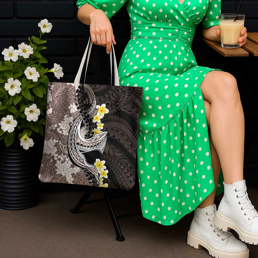 Brown and Black Hawaii Shark Tattoo Tote Bag Puakenikeni Lei Plumeria Polynesian Pattern - Polynesian Pride