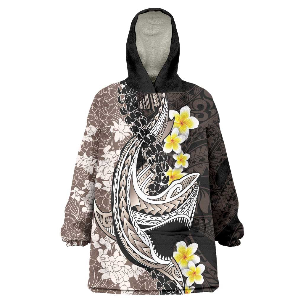 Brown and Black Hawaii Shark Tattoo Wearable Blanket Hoodie Puakenikeni Lei Plumeria Polynesian Pattern - Polynesian Pride