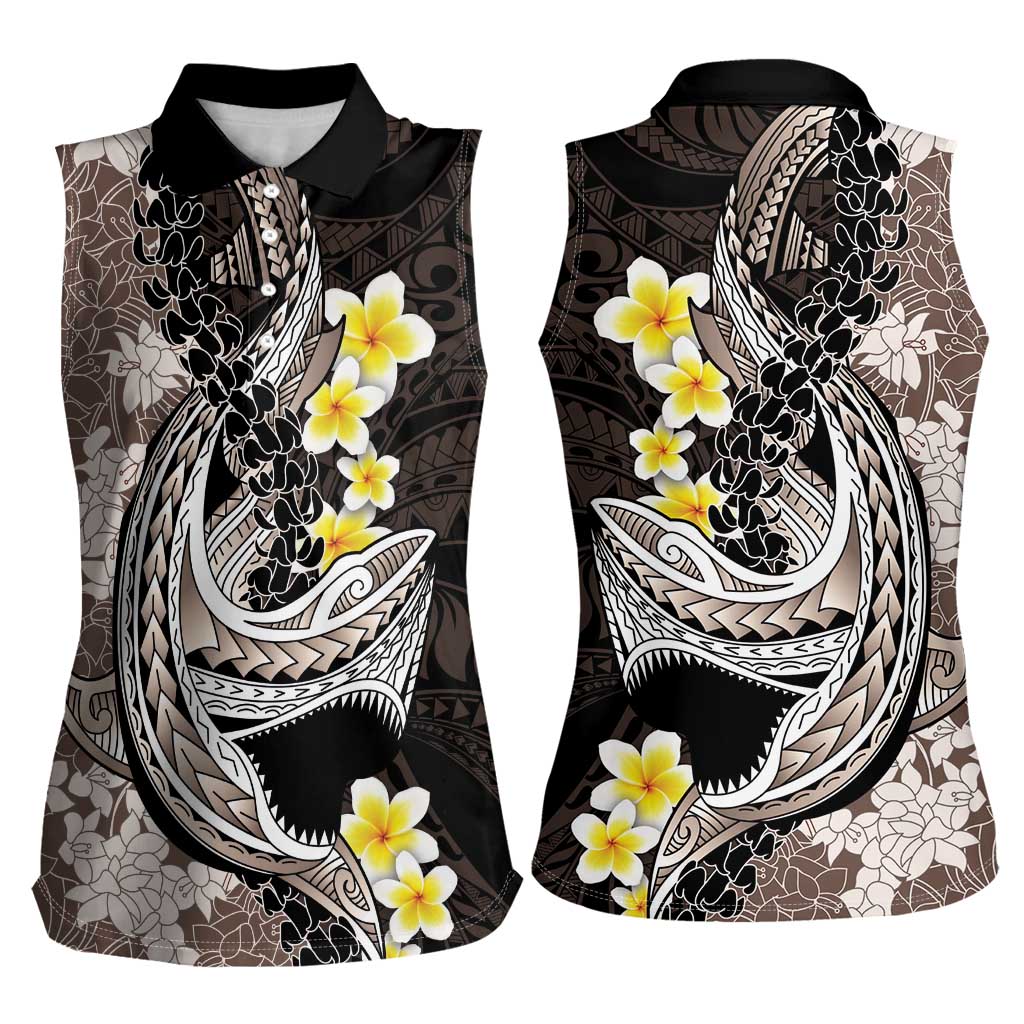Brown and Black Hawaii Shark Tattoo Women Sleeveless Polo Shirt Puakenikeni Lei Plumeria Polynesian Pattern - Polynesian Pride