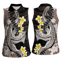Brown and Black Hawaii Shark Tattoo Women Sleeveless Polo Shirt Puakenikeni Lei Plumeria Polynesian Pattern - Polynesian Pride