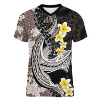 Brown and Black Hawaii Shark Tattoo Women V-Neck T-Shirt Puakenikeni Lei Plumeria Polynesian Pattern - Polynesian Pride