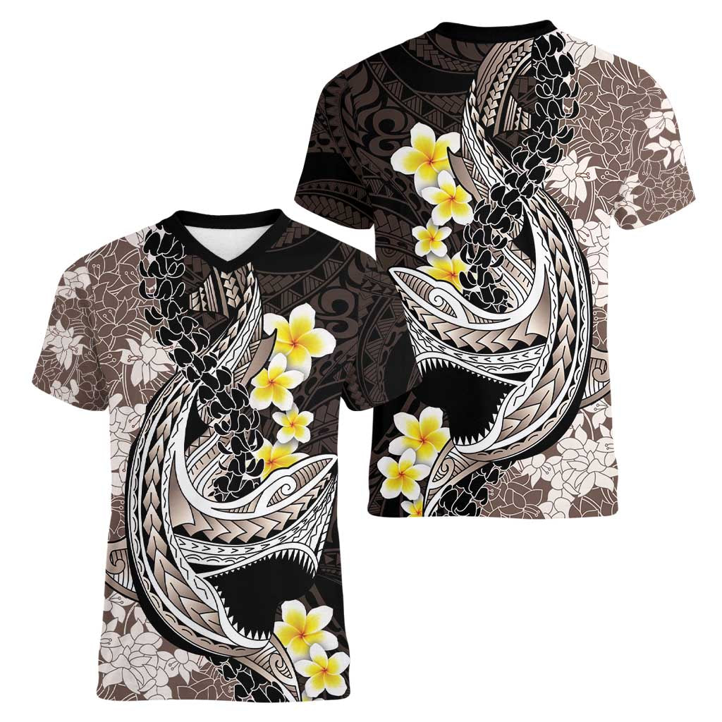 Brown and Black Hawaii Shark Tattoo Women V-Neck T-Shirt Puakenikeni Lei Plumeria Polynesian Pattern - Polynesian Pride
