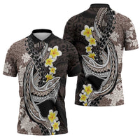 Brown and Black Hawaii Shark Tattoo Zipper Polo Shirt Puakenikeni Lei Plumeria Polynesian Pattern - Polynesian Pride