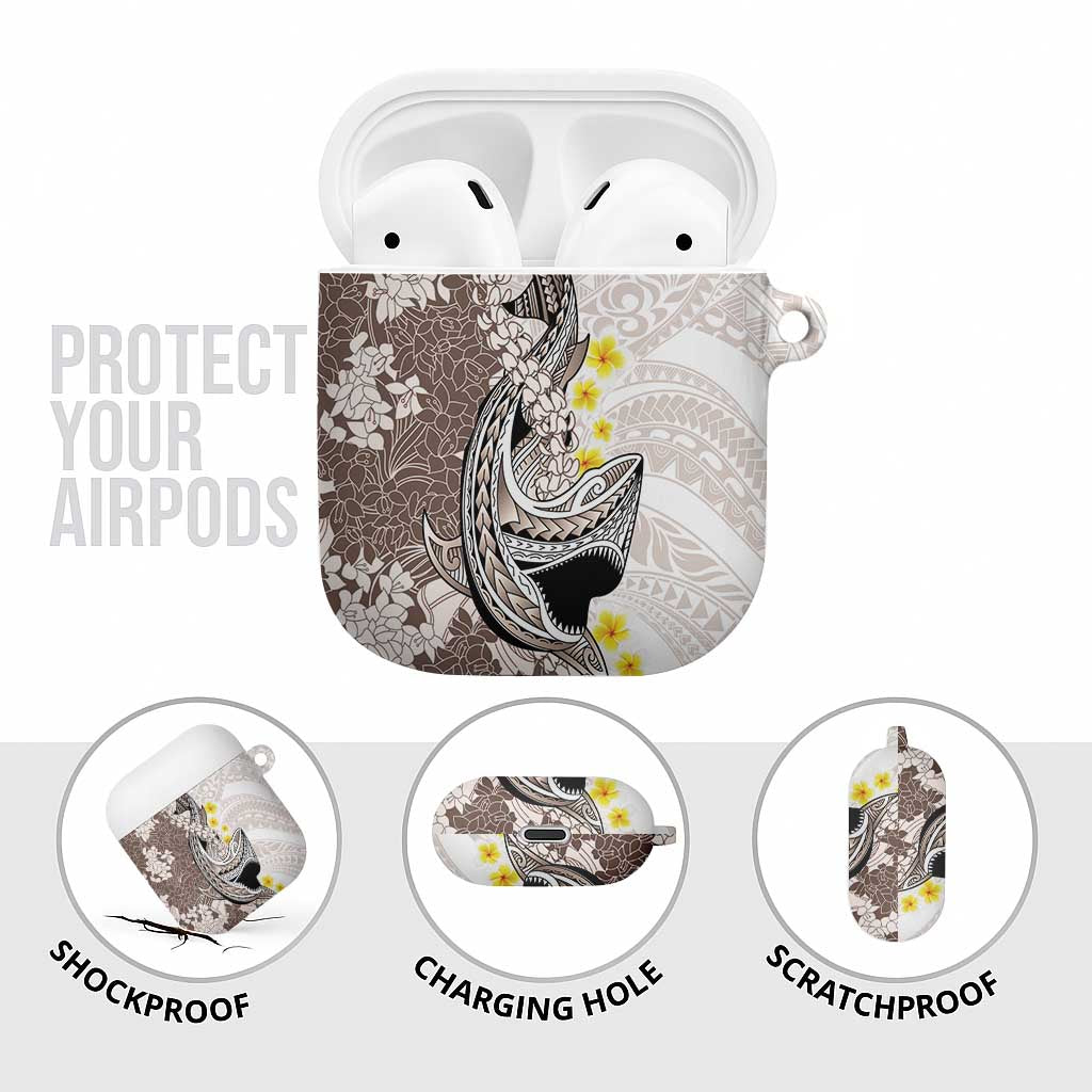 Brown and White Hawaii Shark Tattoo AirPods Case Puakenikeni Lei Plumeria Polynesian Pattern - Polynesian Pride