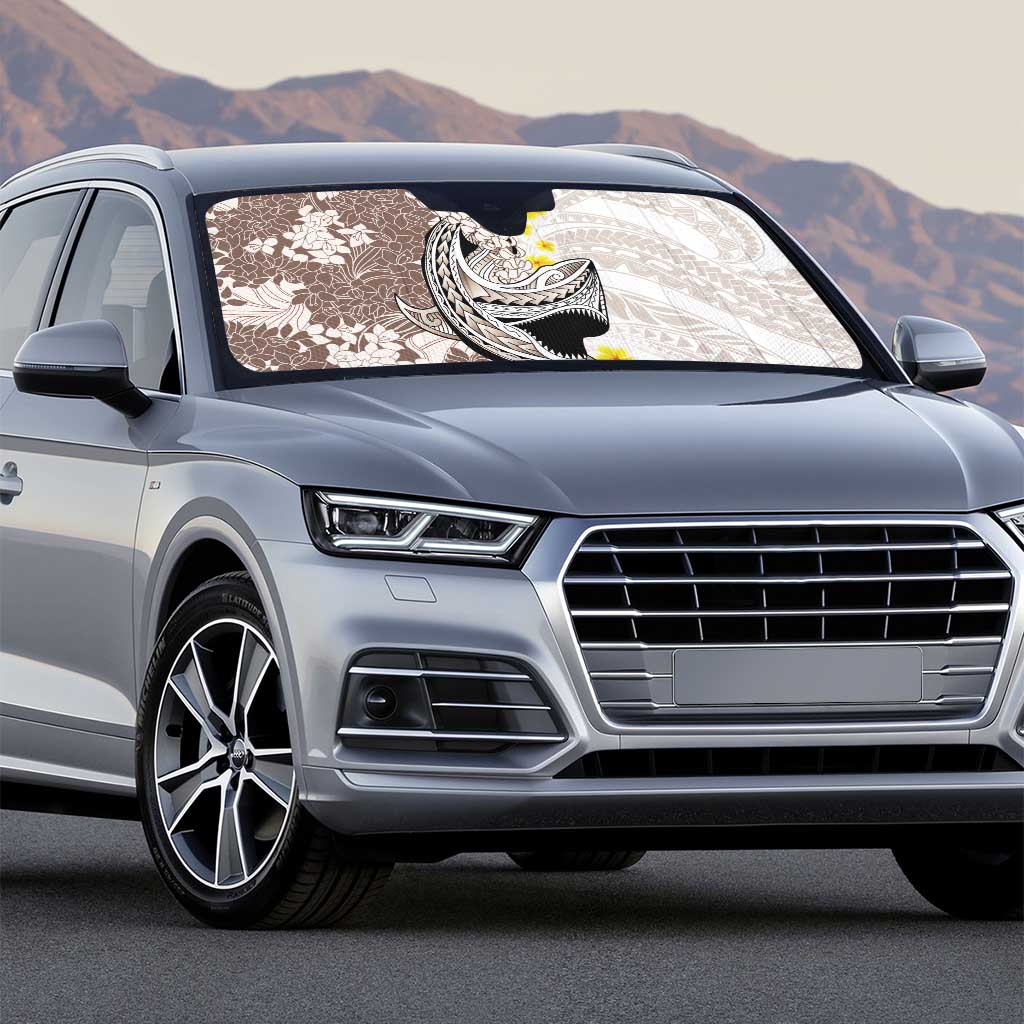 Brown and White Hawaii Shark Tattoo Auto Sun Shade Puakenikeni Lei Plumeria Polynesian Pattern - Polynesian Pride