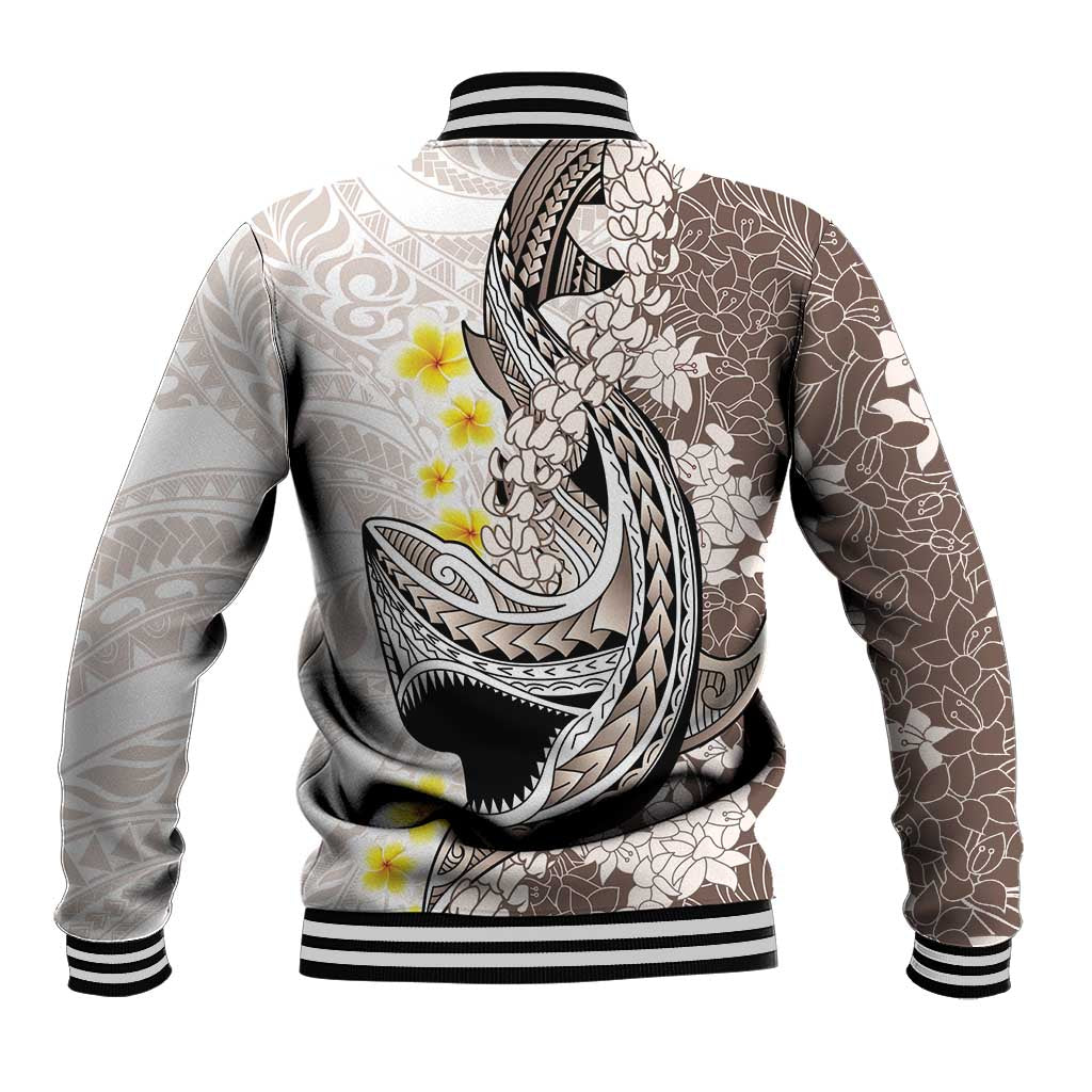 Brown and White Hawaii Shark Tattoo Baseball Jacket Puakenikeni Lei Plumeria Polynesian Pattern - Polynesian Pride