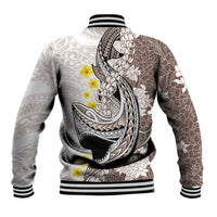 Brown and White Hawaii Shark Tattoo Baseball Jacket Puakenikeni Lei Plumeria Polynesian Pattern - Polynesian Pride
